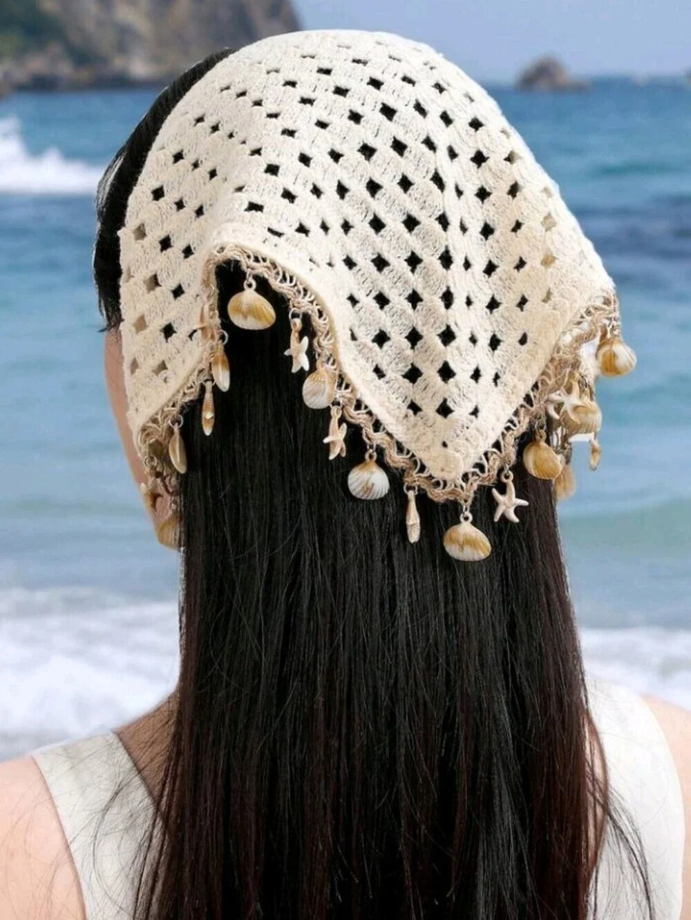 Cream Crochet Shell & Starfish Bandana Headscarf Summer Beach Festival Scarf
